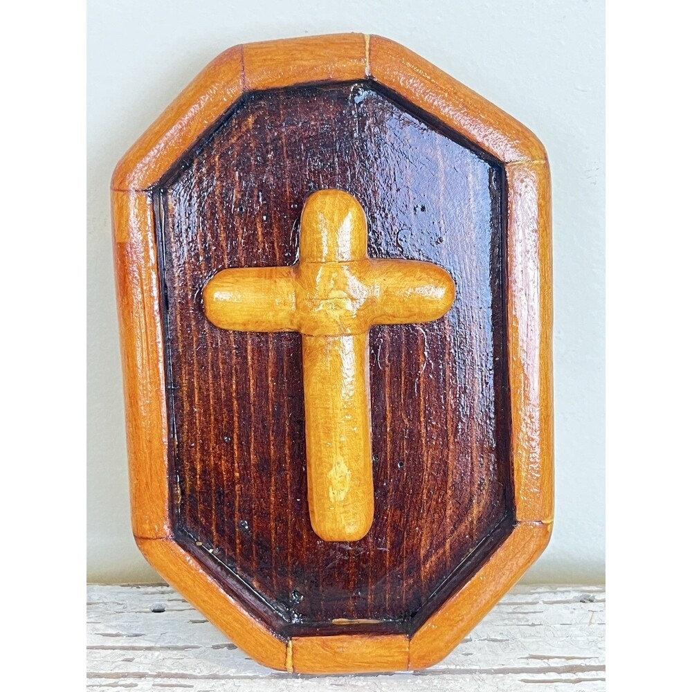 Vintage Hand Crafted Wooden Two Toned Cross Framed Wall Hanging / Religious